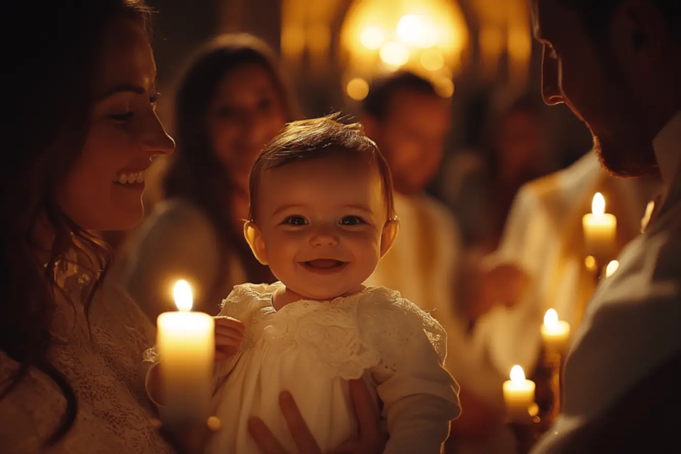 Padrinhos e família durante batismo