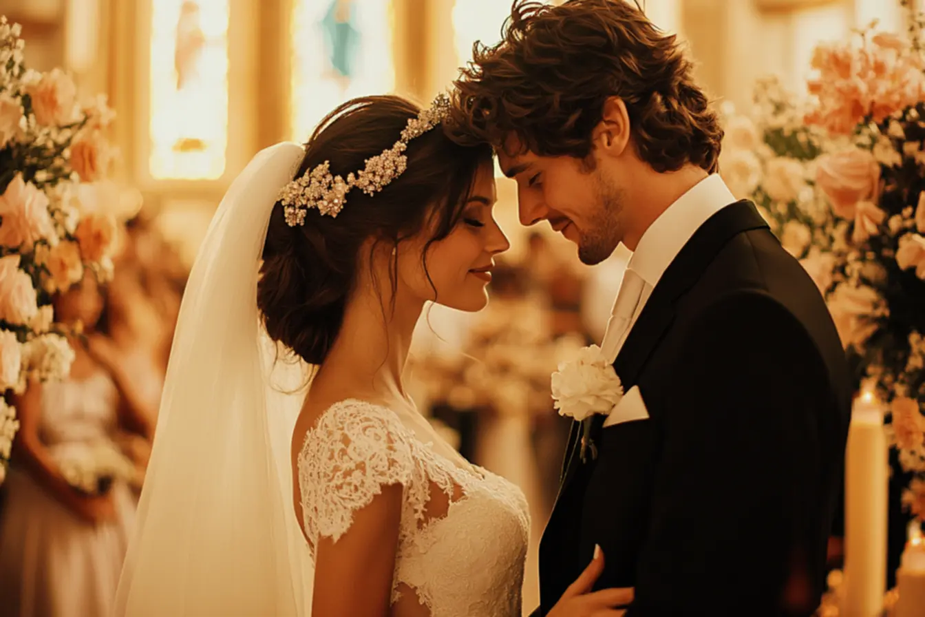 Casal em cerimônia de casamento católico