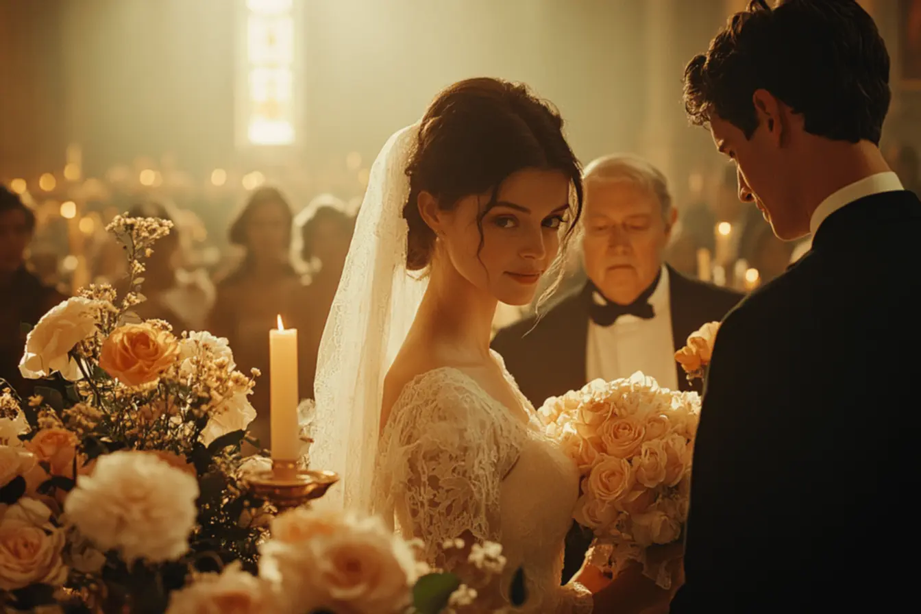 Troca de alianças durante casamento católico