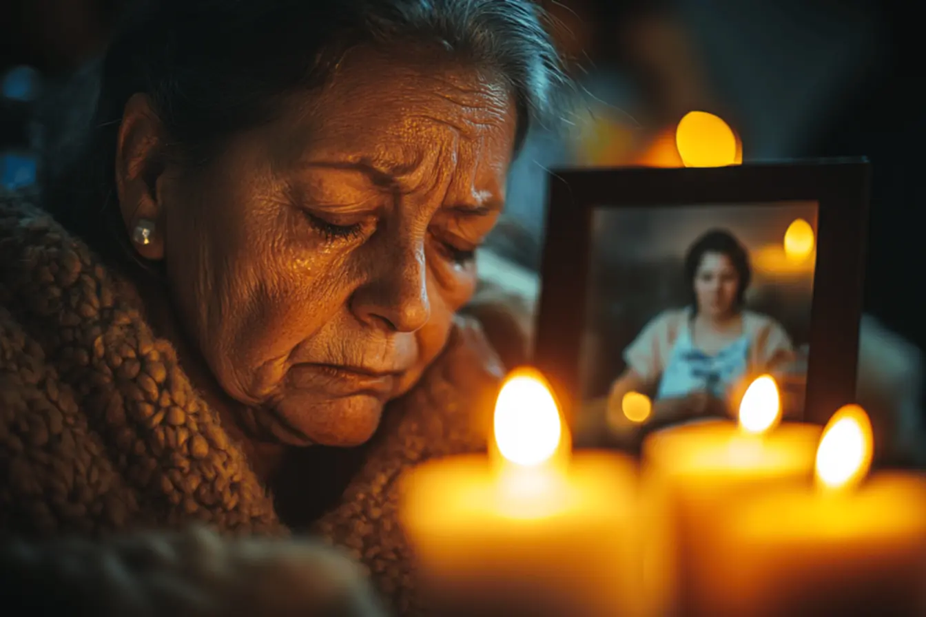 Representação de uma mãe em oração pela saúde da filha