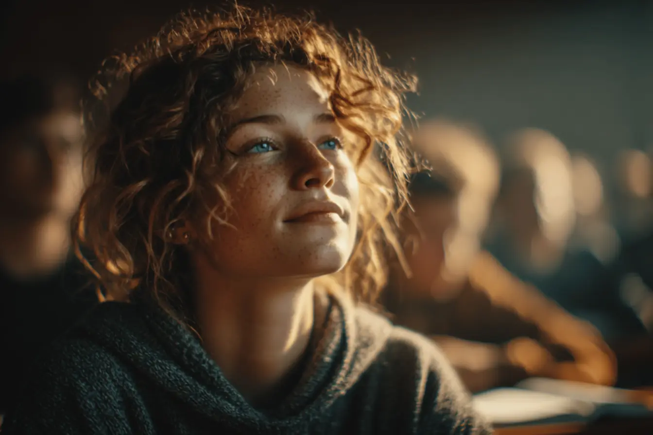 Uma jovem rezando antes de um exame, buscando força na oração antes da prova católica.