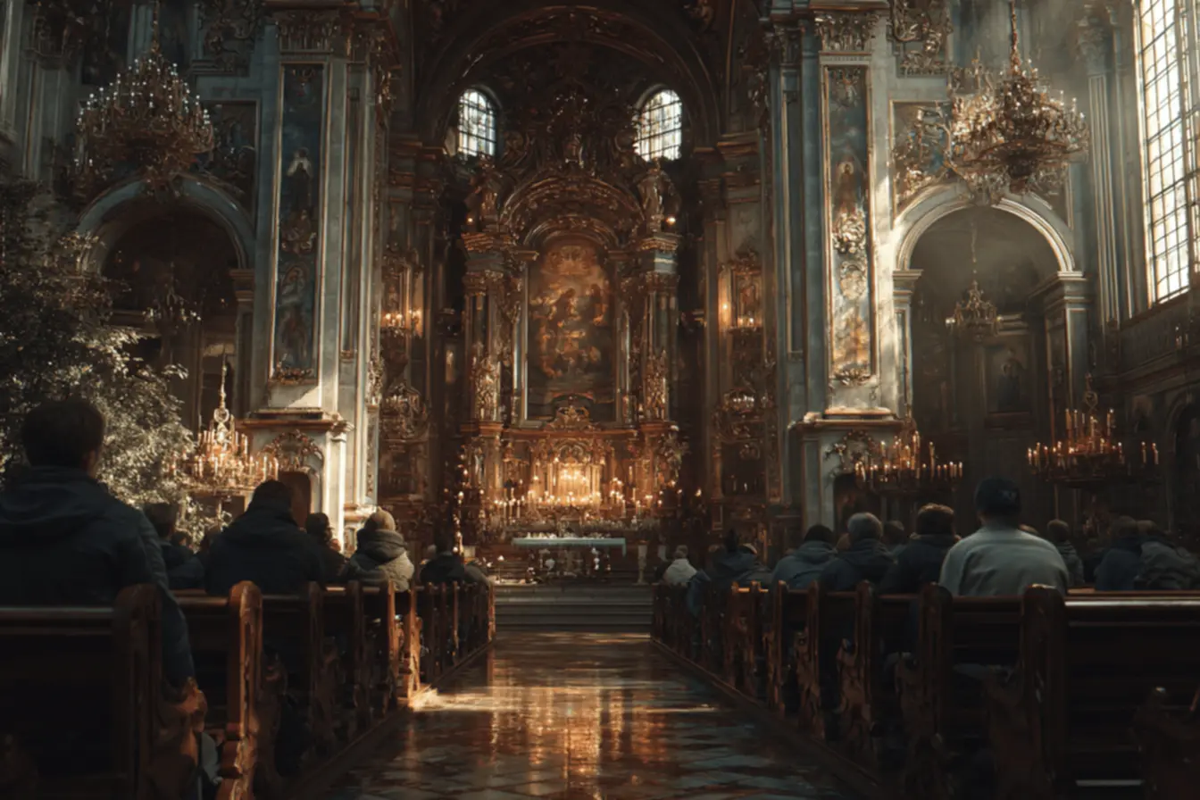 Pessoa orando em ambiente sereno, exemplificando a concentração nas orações católicas.