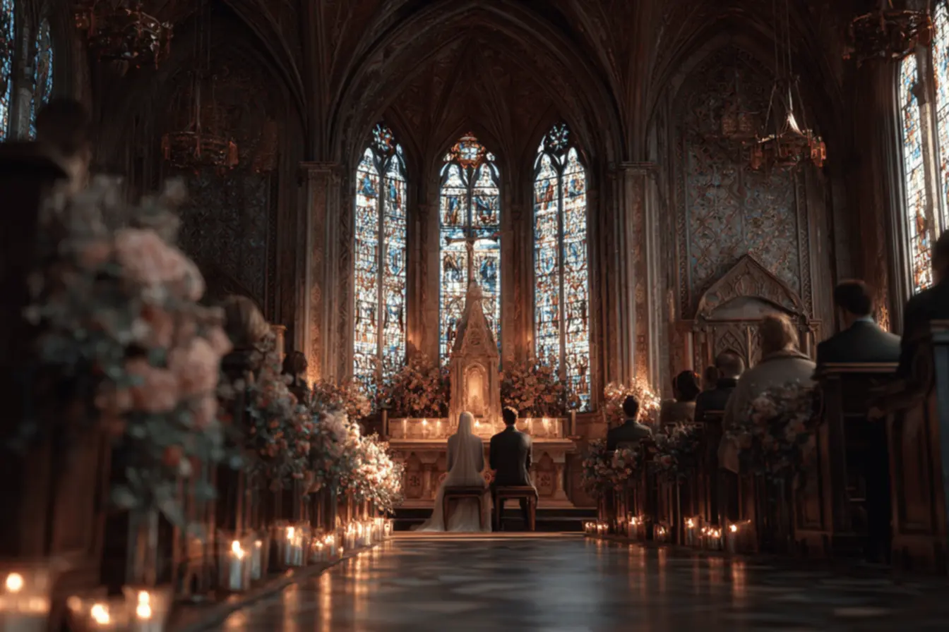 Mãos de noivos trocando alianças, um gesto essencial no juramento casamento católico