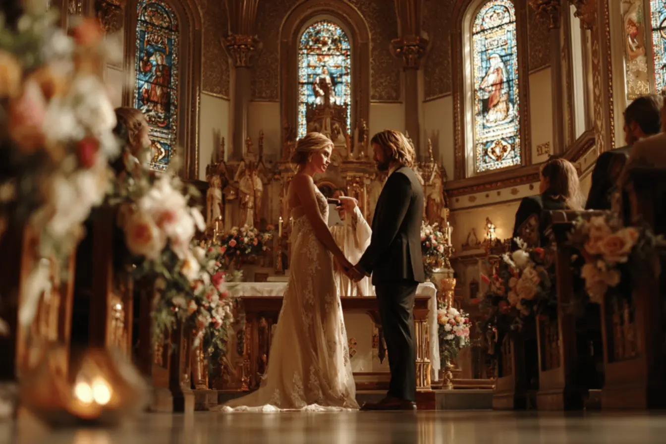 Noivos de mãos dadas em frente ao altar, reafirmando o juramento casamento católico