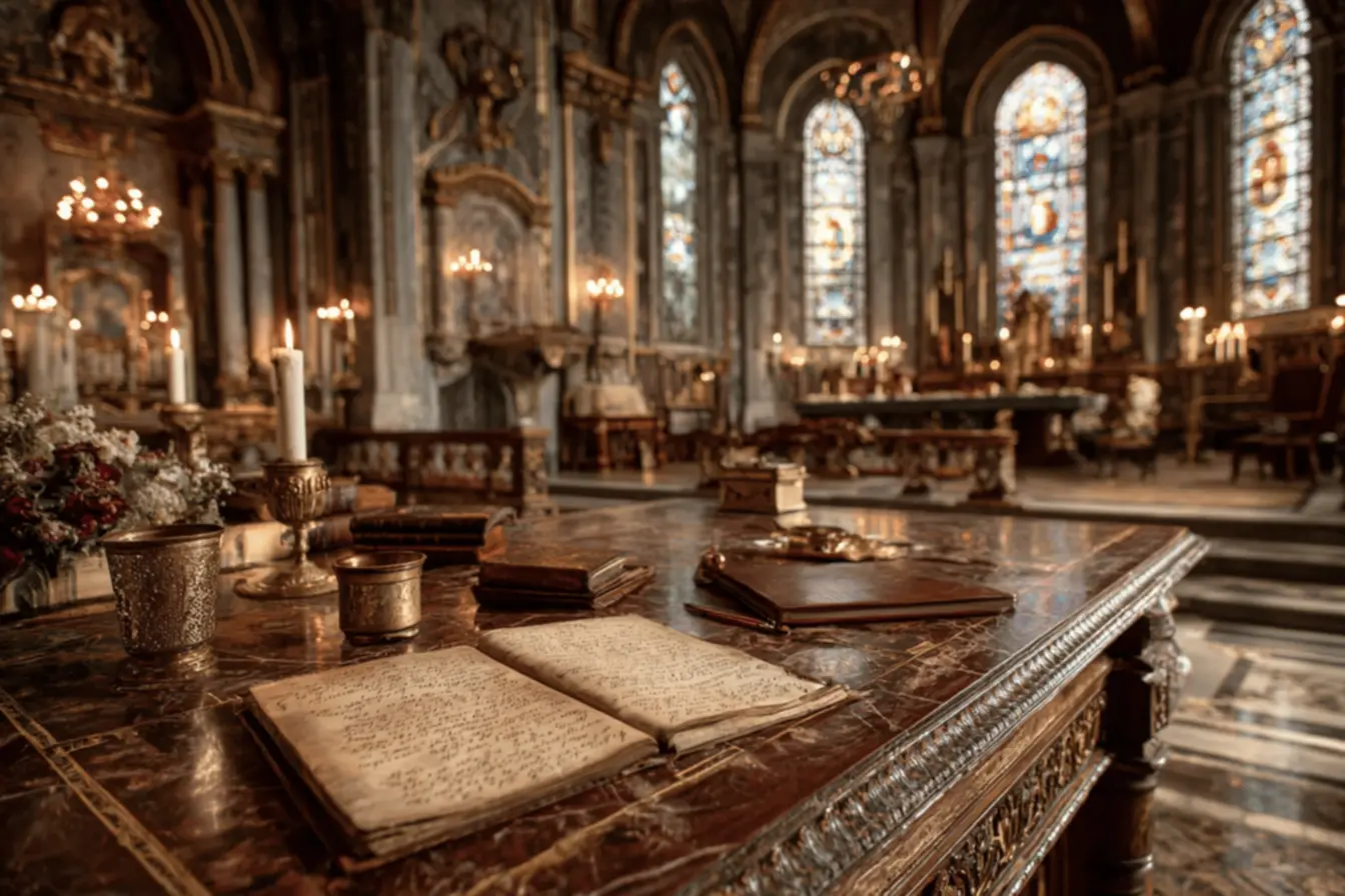 Bíblia e terço, símbolos de fé e orações católicas antigas.