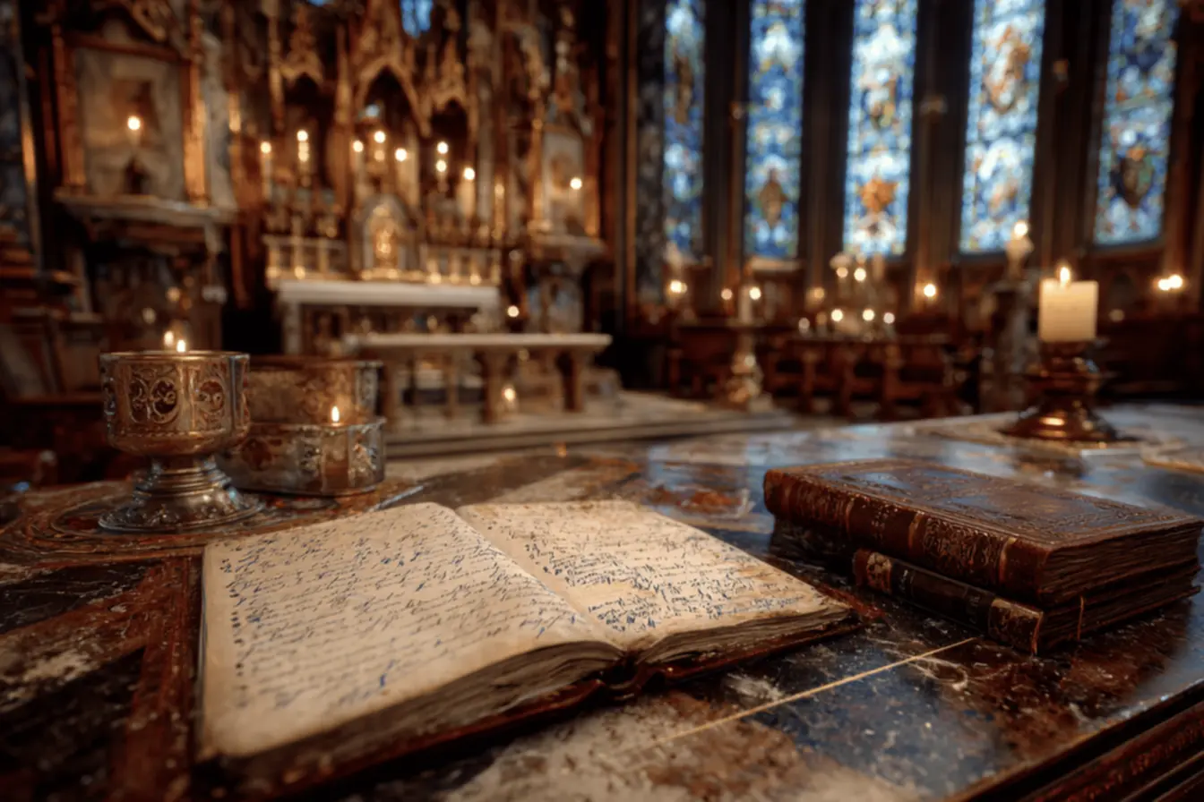 Criança aprendendo orações católicas antigas com a avó.