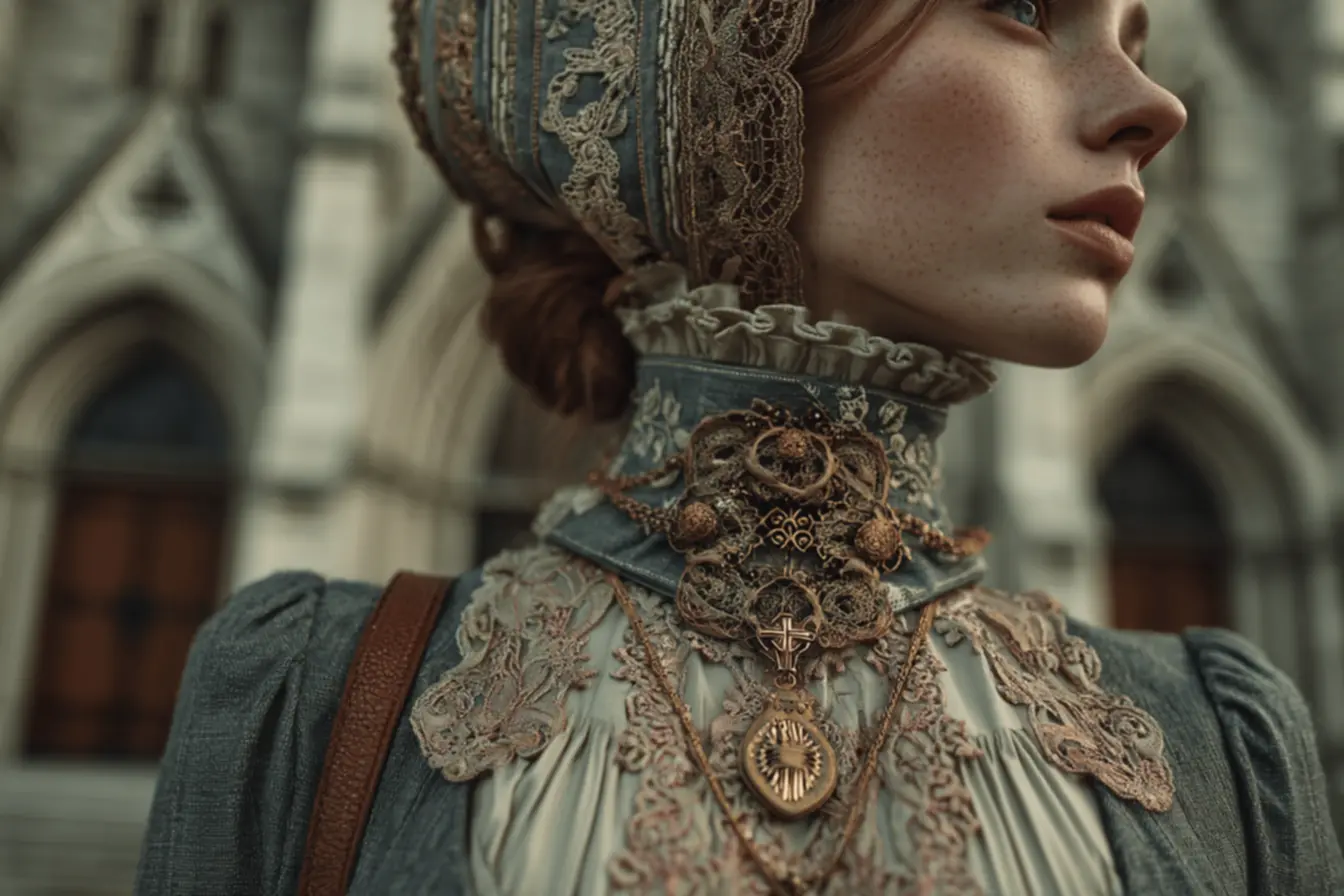 Mulher vestindo um look modesto e elegante, exemplificando a moda católica feminina.