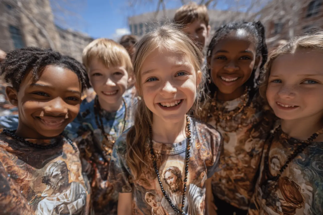 Criança sorrindo com camiseta católica infantil de anjo.
