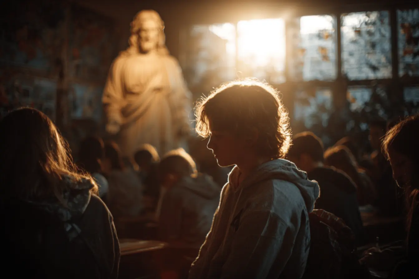 Comunitários orando juntos na paróquia