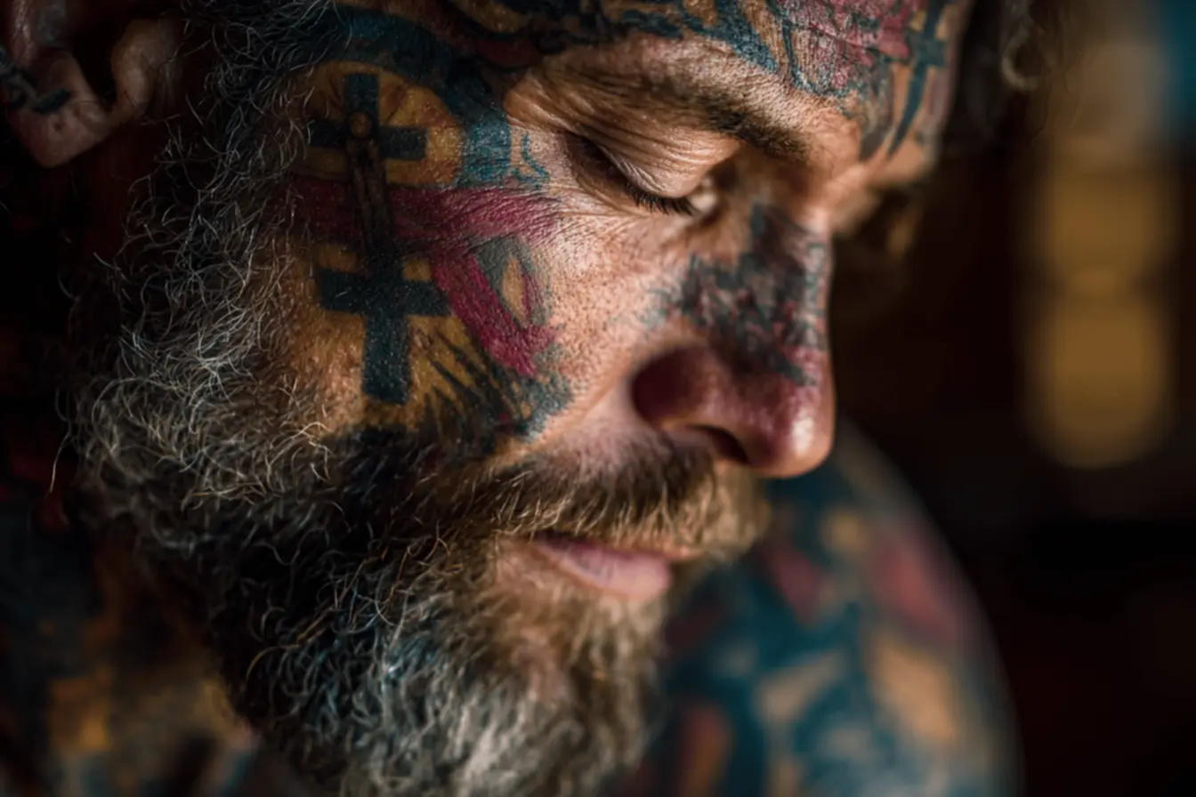 Tatuagem com símbolos da fé.