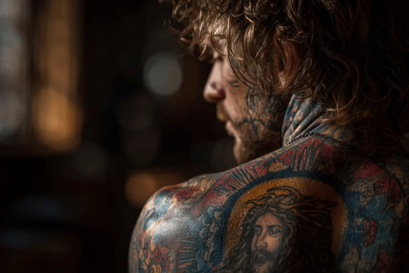 Momento de reflexão espiritual sobre tatuagens.