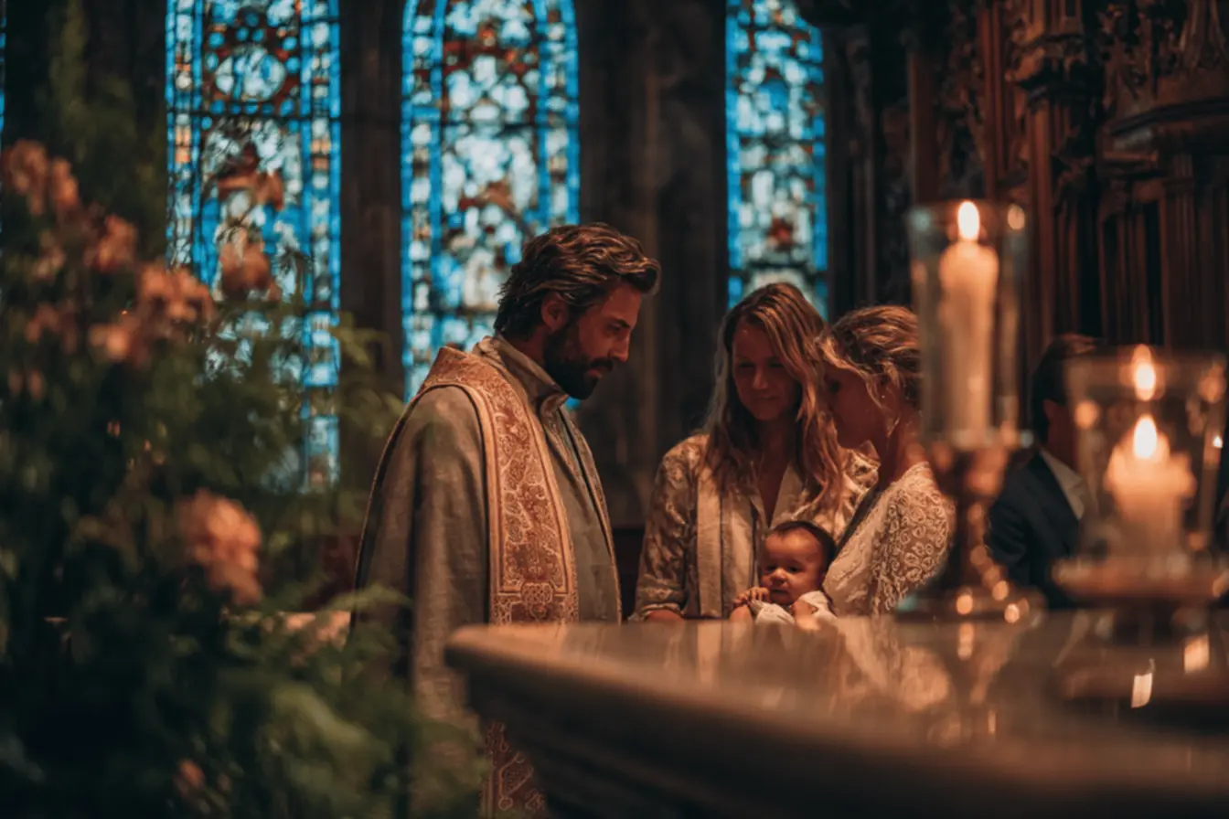 Pais e padrinhos emocionados durante o Batismo, compreendendo por que a igreja católica batiza bebês