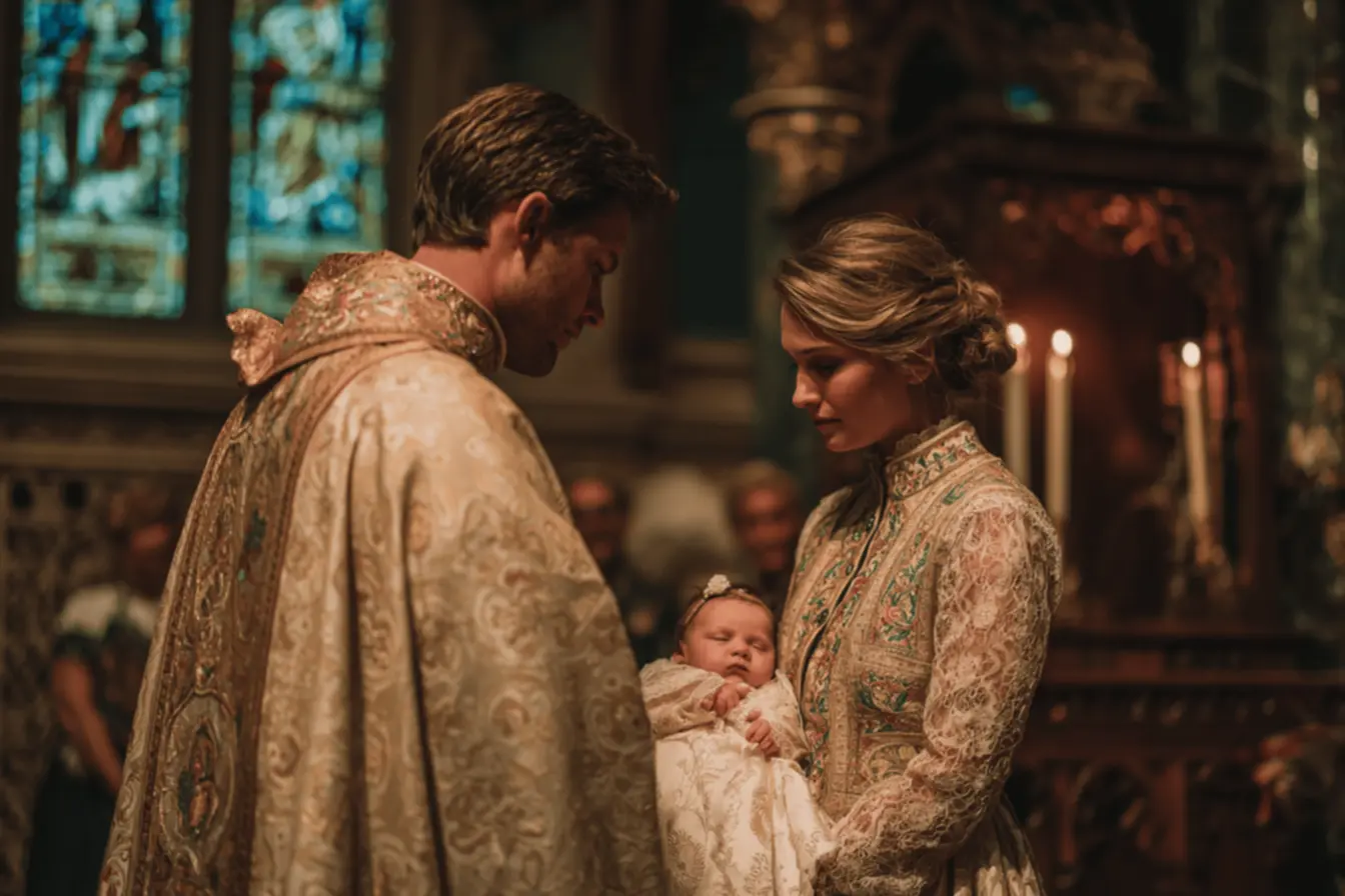 Uma família feliz na Igreja após o Batismo de seu bebê, refletindo por que a igreja católica batiza bebês
