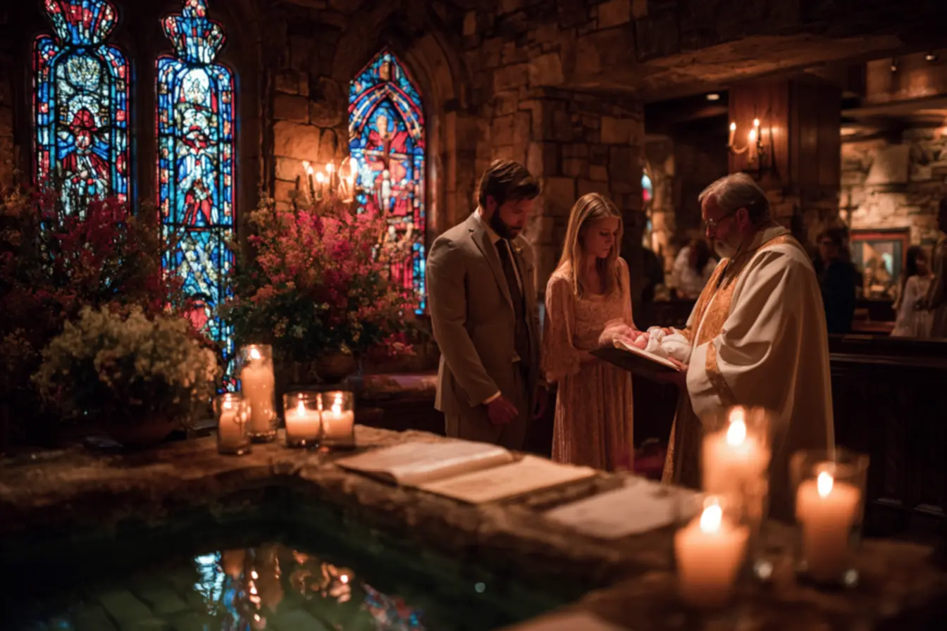 As mãos do padre ungindo o bebê com óleo, um gesto sagrado que nos faz refletir por que a igreja católica batiza bebês