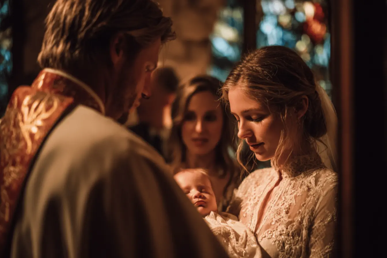 O sacerdote derrama água benta sobre a cabeça do bebê durante o rito, explicando por que a igreja católica batiza bebês