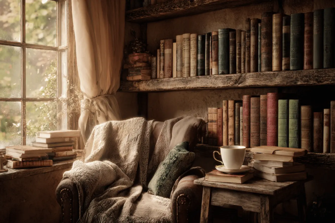 Uma xícara de café ao lado de livros católicos abertos, criando um ambiente aconchegante para a leitura espiritual.