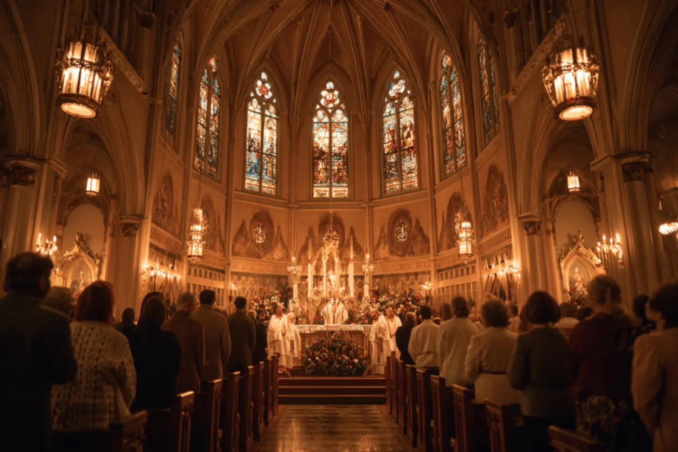 Ícones de notas musicais e símbolos religiosos para música católica