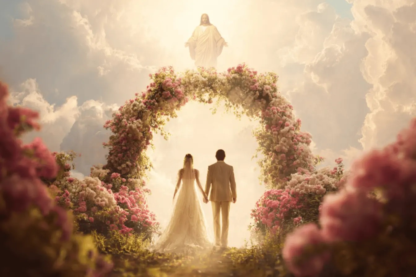 Casal orando com padrinhos