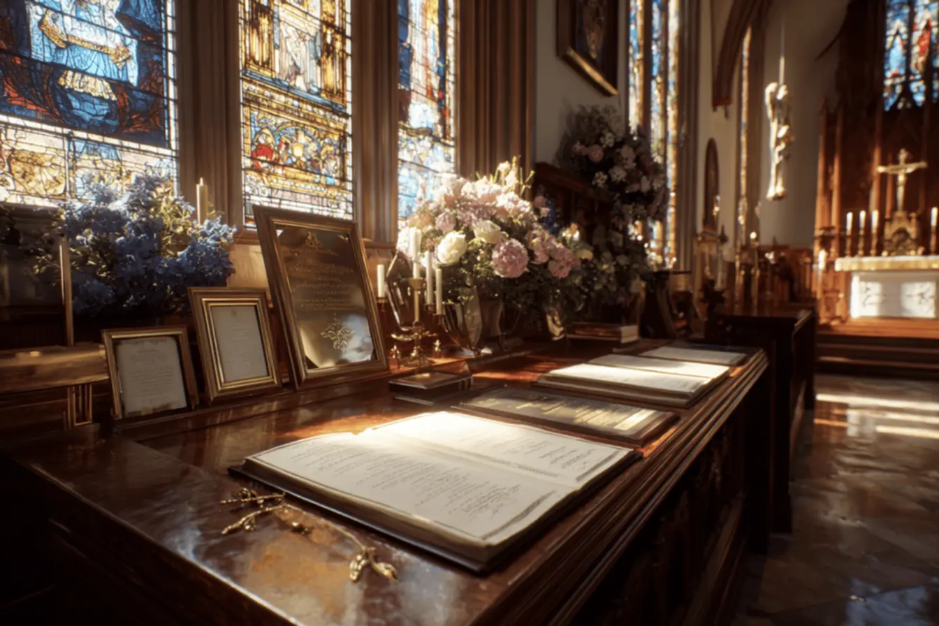 Uma Bíblia aberta e um terço, representando a fé nos documentos para casamento na igreja católica.