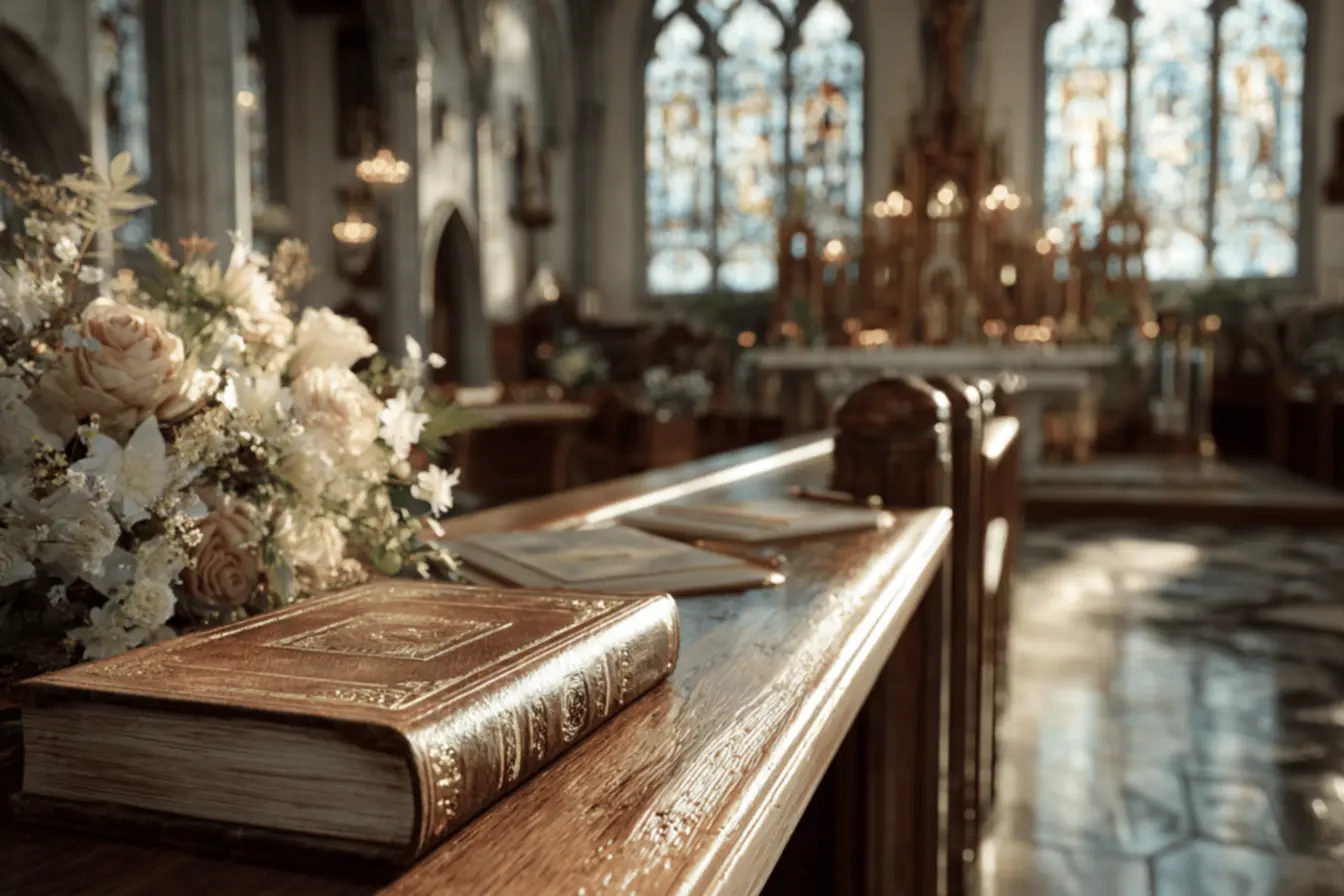 Um casal em oração em frente ao altar, com a jornada dos documentos para casamento na igreja católica concluída.