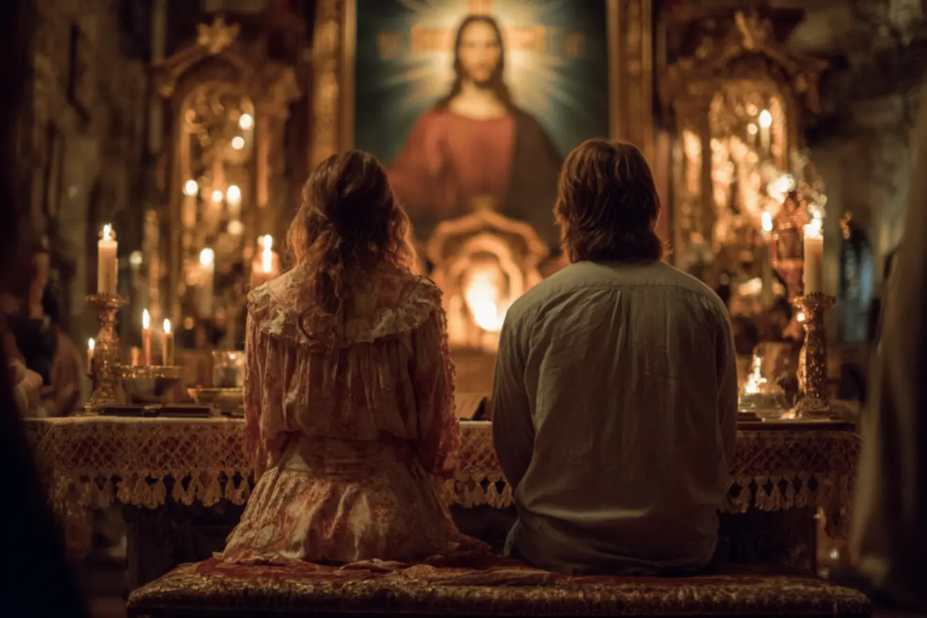 Casal rezando juntos para fortalecer o casamento