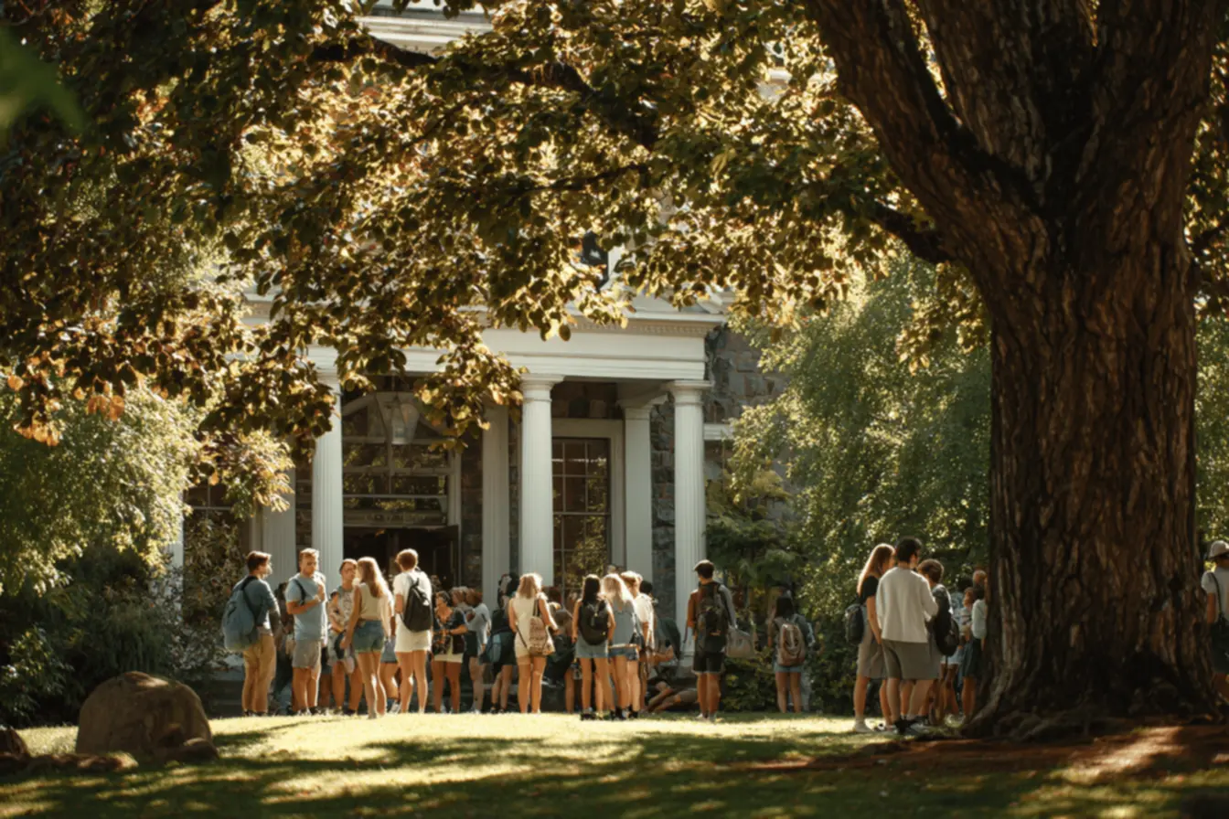 Jovem estudante refletindo em uma faculdade católica, integrando fé e conhecimento