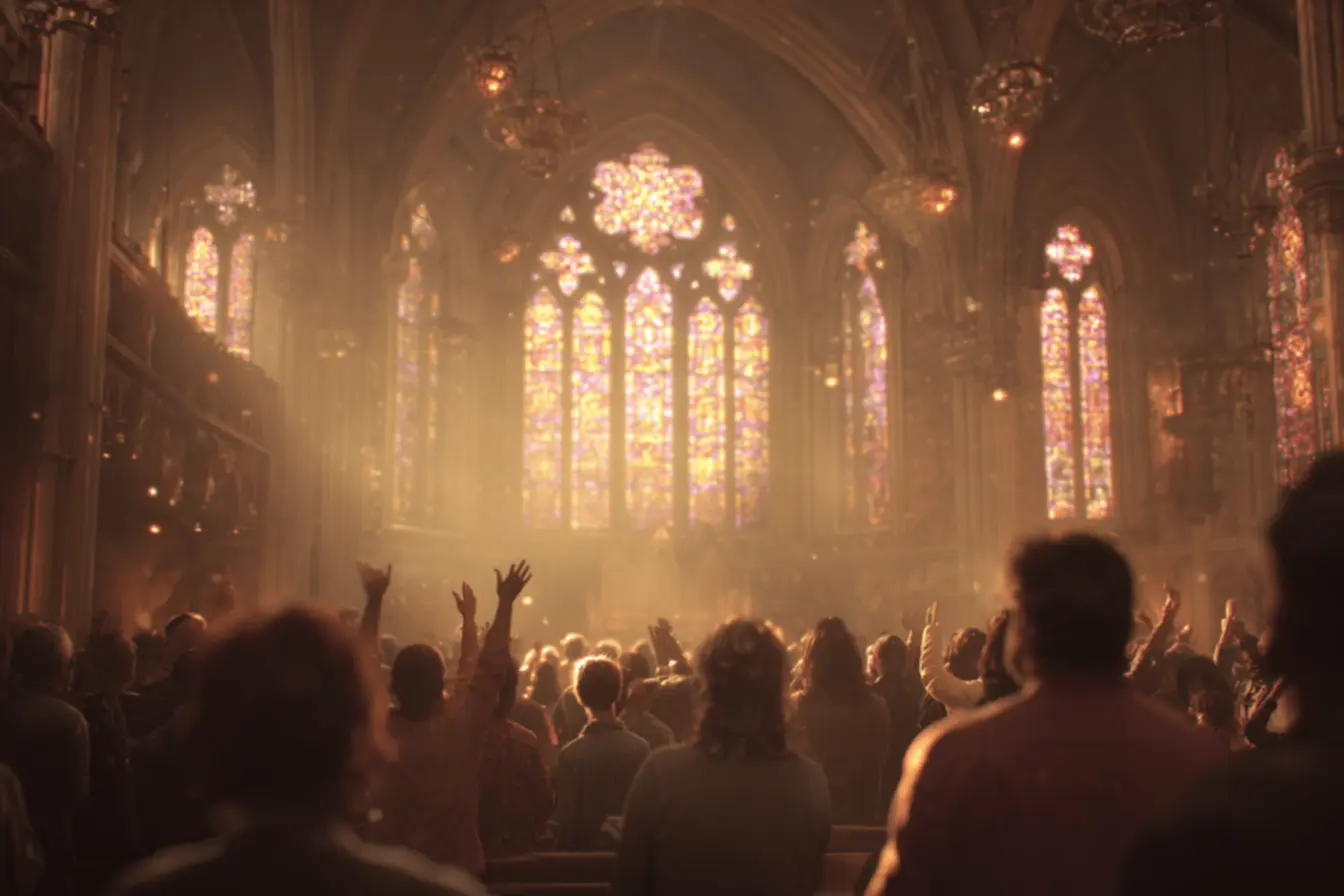 Uma mão segura um rosário em gesto de oração e louvor católico