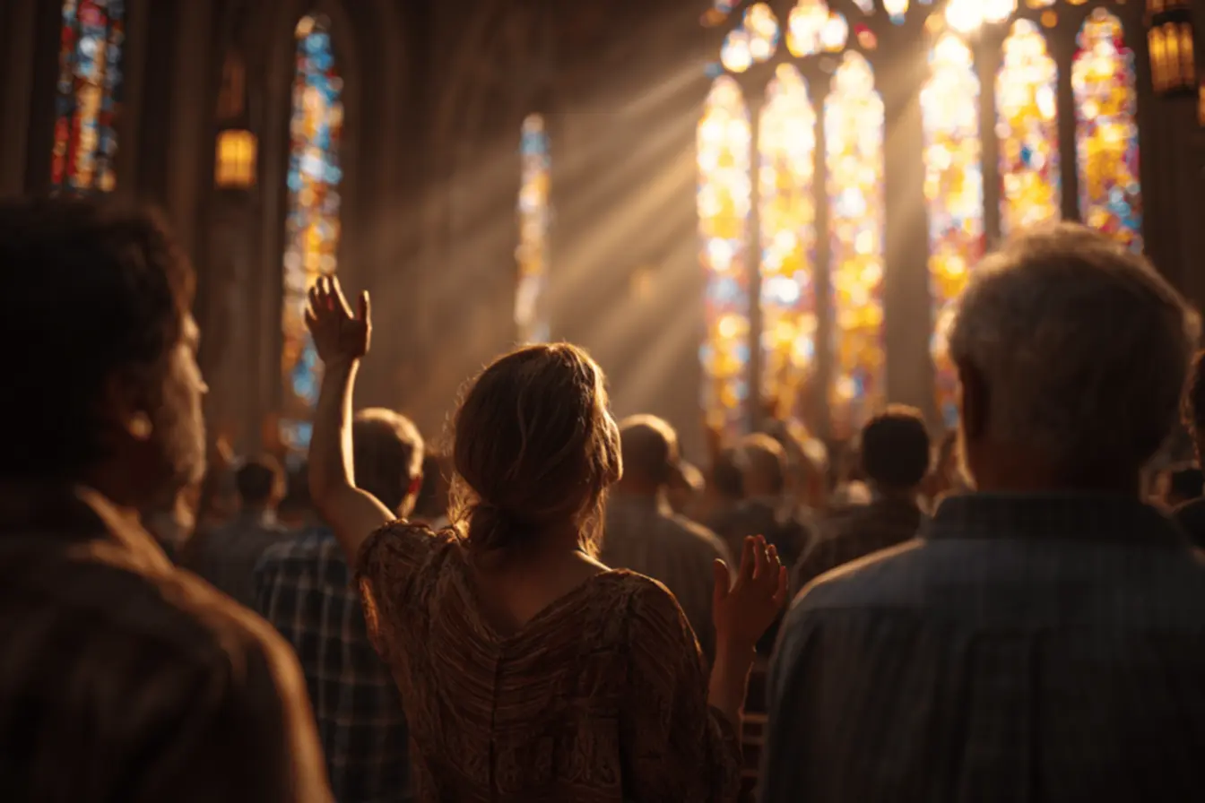 Pessoas orando e levantando as mãos em um momento de louvor católico