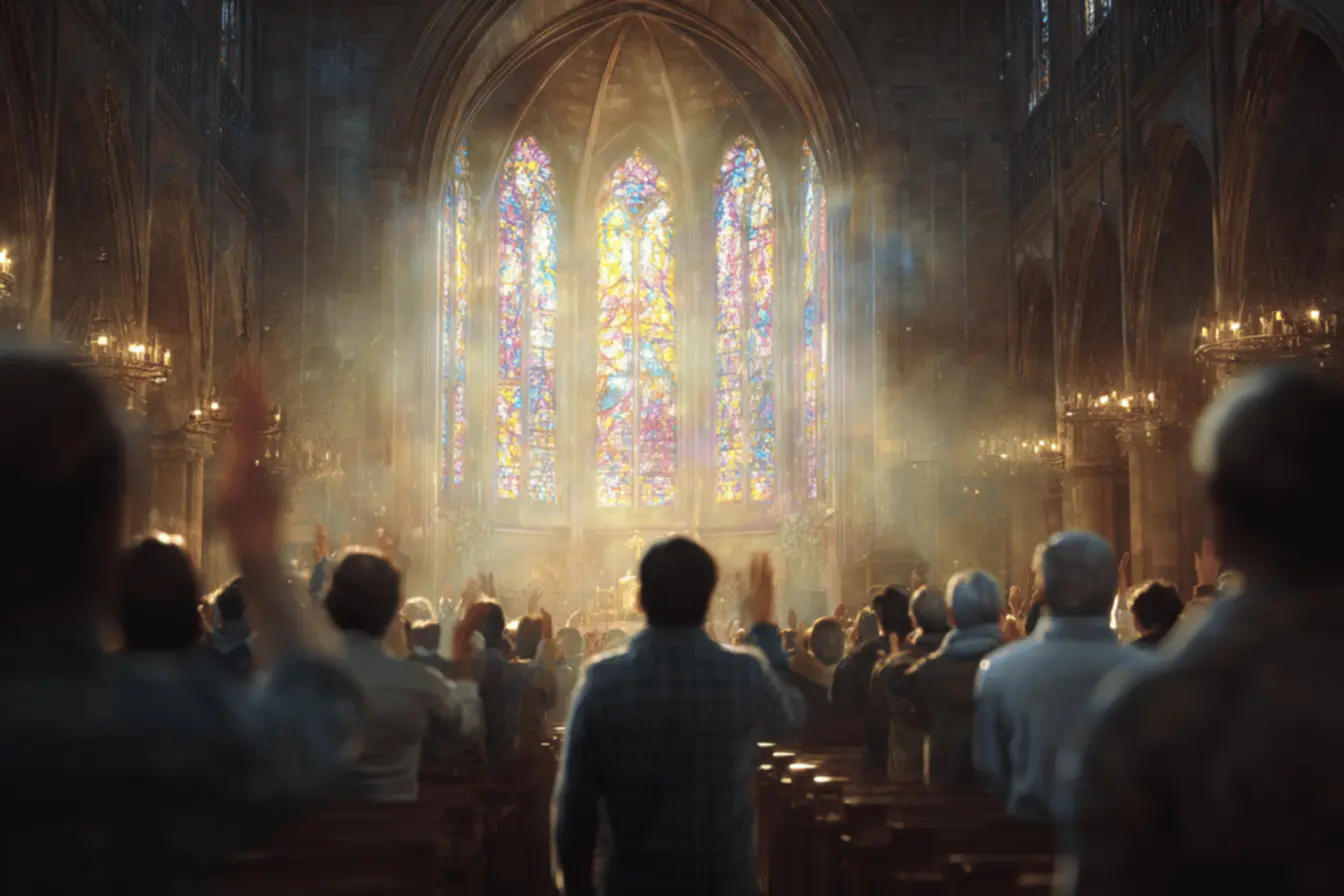 Uma pessoa orando com as mãos unidas em um momento de louvor católico