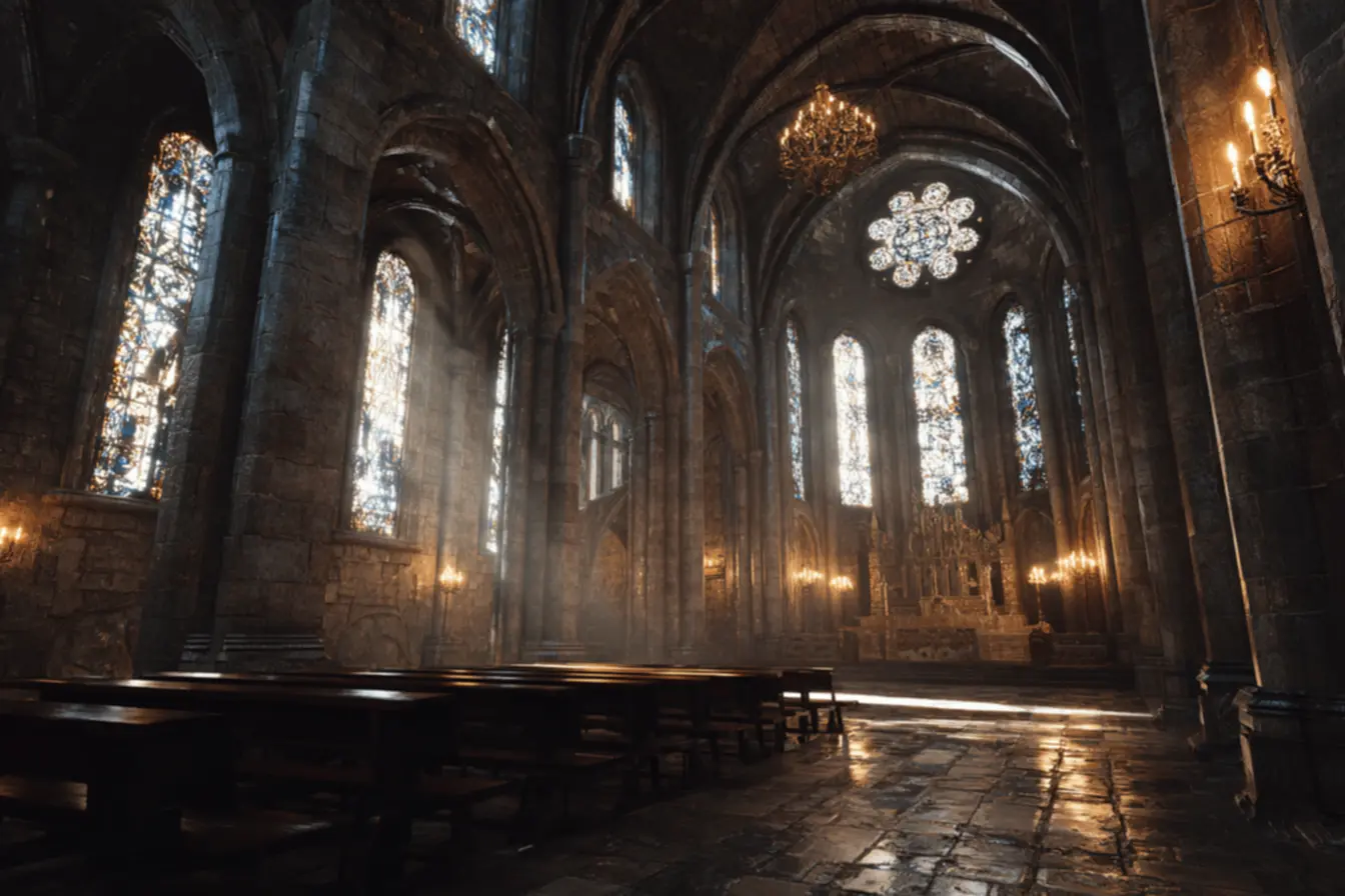 Paredes de pedra de uma igreja antiga, simbolizando sonhar com igreja católica antiga