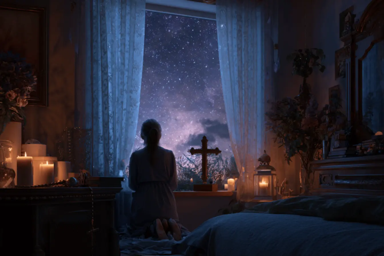 Mãos em oração durante a boa noite católica.