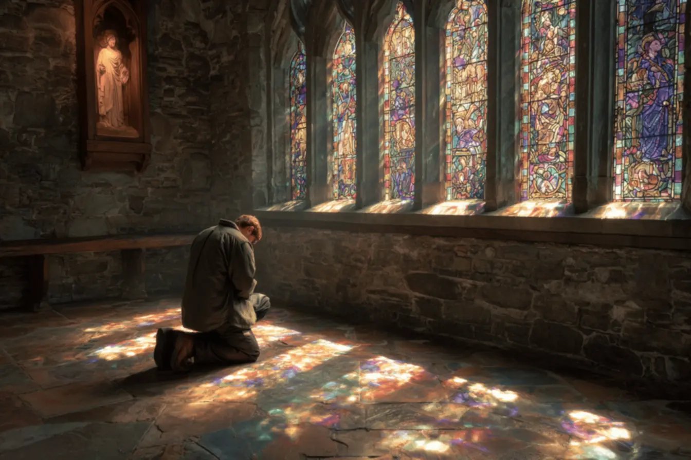 Igreja antiga com vitrais coloridos