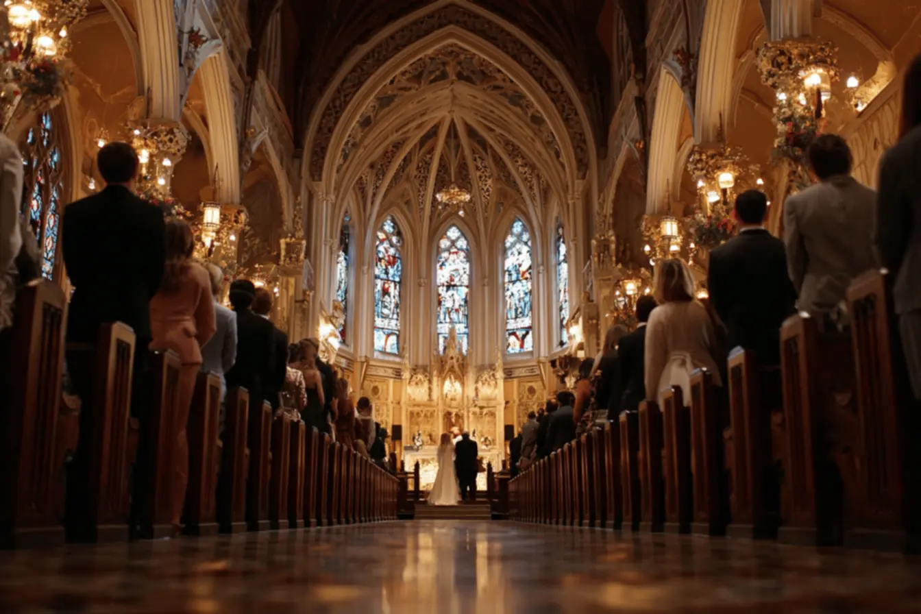 Casal católico recebendo a benção durante a cerimônia de casamento na igreja católica