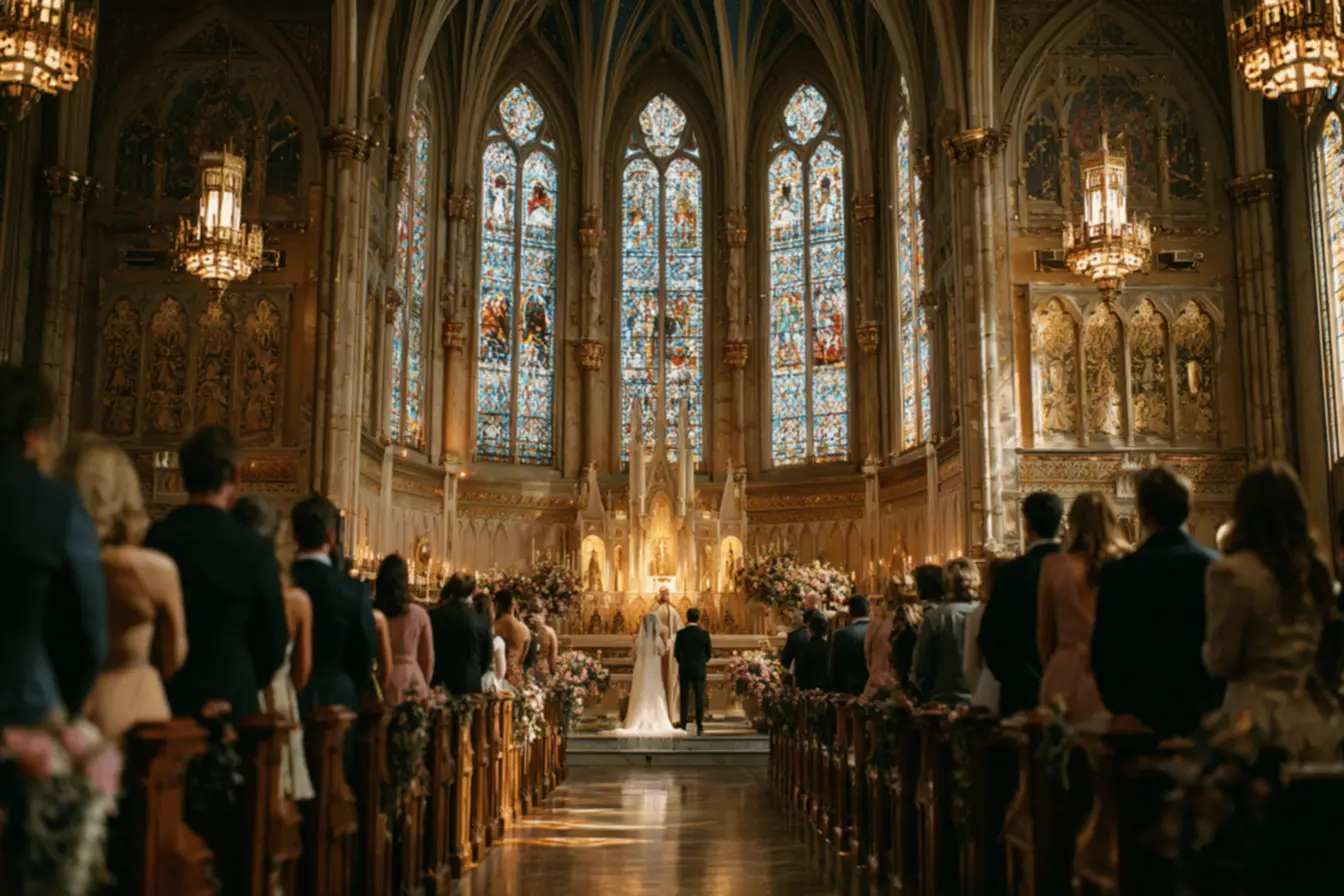 Noivos trocando alianças durante a cerimônia de casamento na igreja católica