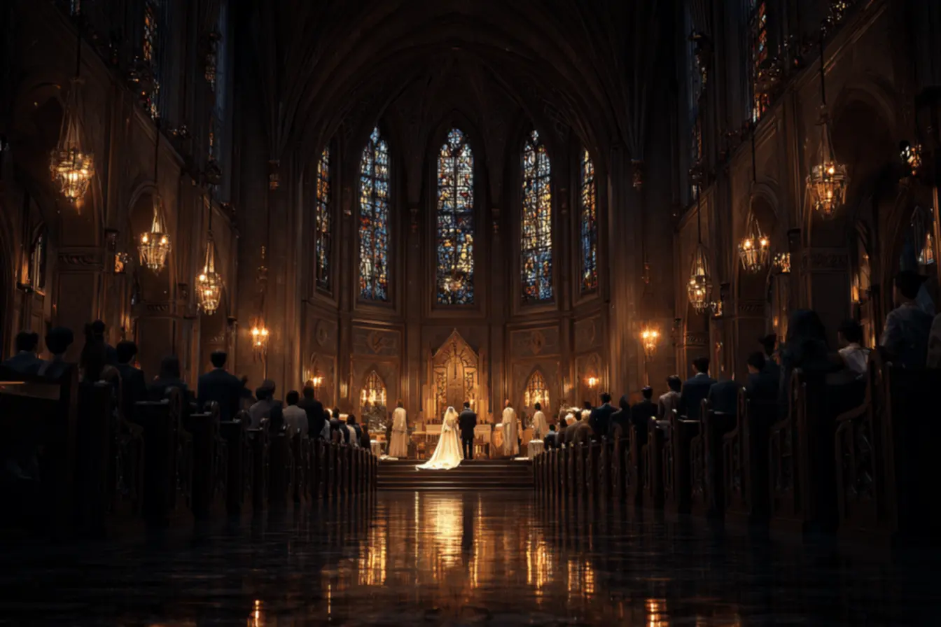 Noiva entrando na igreja durante a cerimônia de casamento na igreja católica