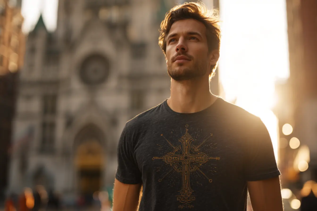 Homem vestindo uma camisa católica masculina com design moderno