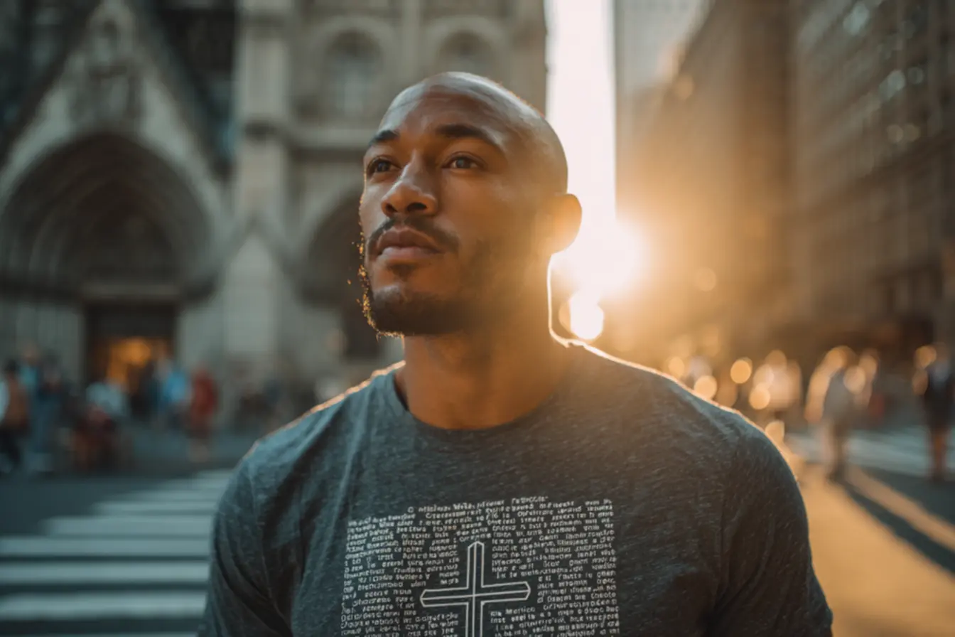 Detalhe do tecido de uma camisa católica masculina de alta qualidade