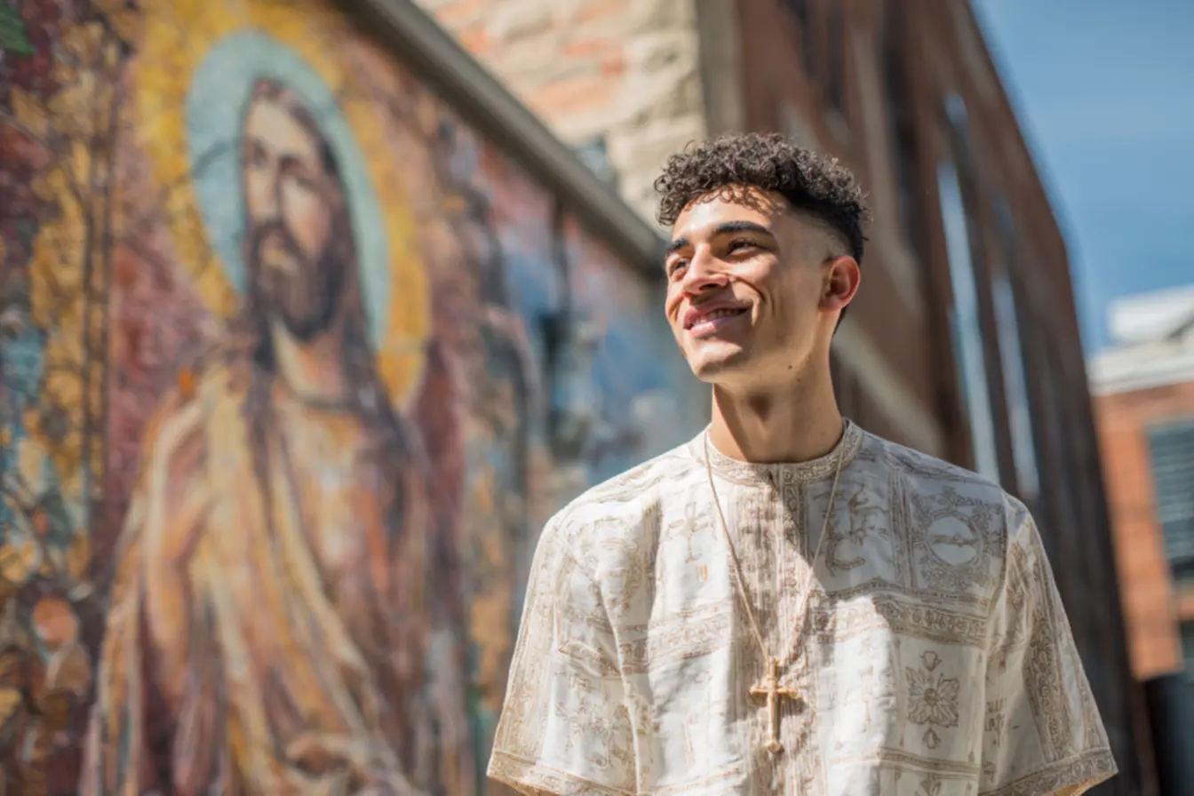 Homem vestido com camisa católica durante um encontro