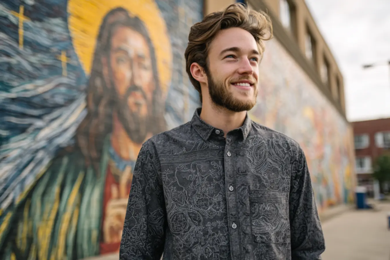 Grupo de homens usando camisas católicas mostrando sua fé