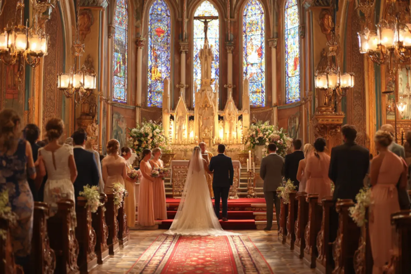Noiva caminhando durante a ordem de entrada casamento católico