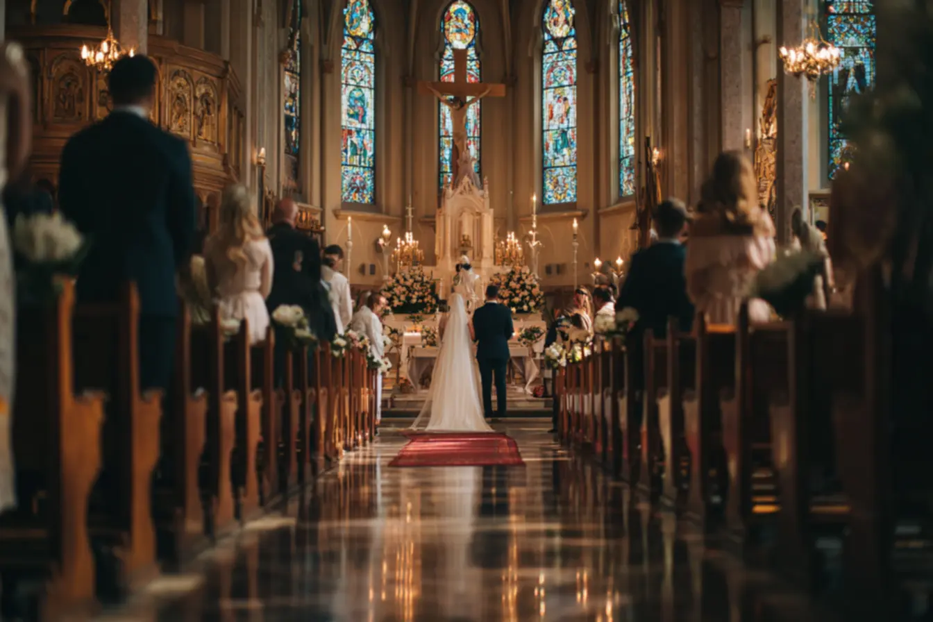 Casal se preparando para a ordem de entrada casamento católico