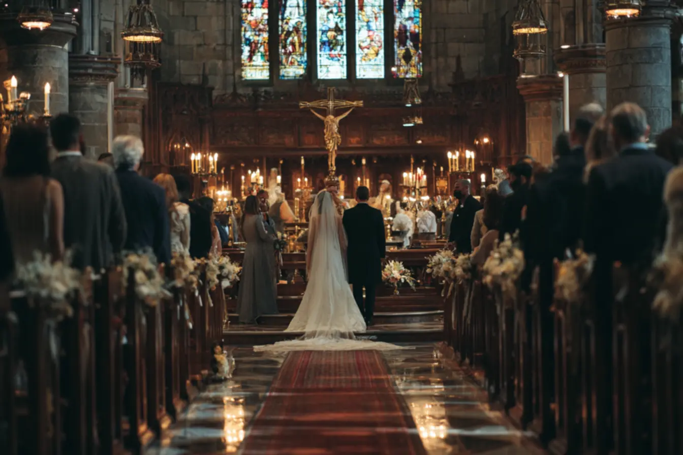 Convidados celebrando a ordem de entrada casamento católico