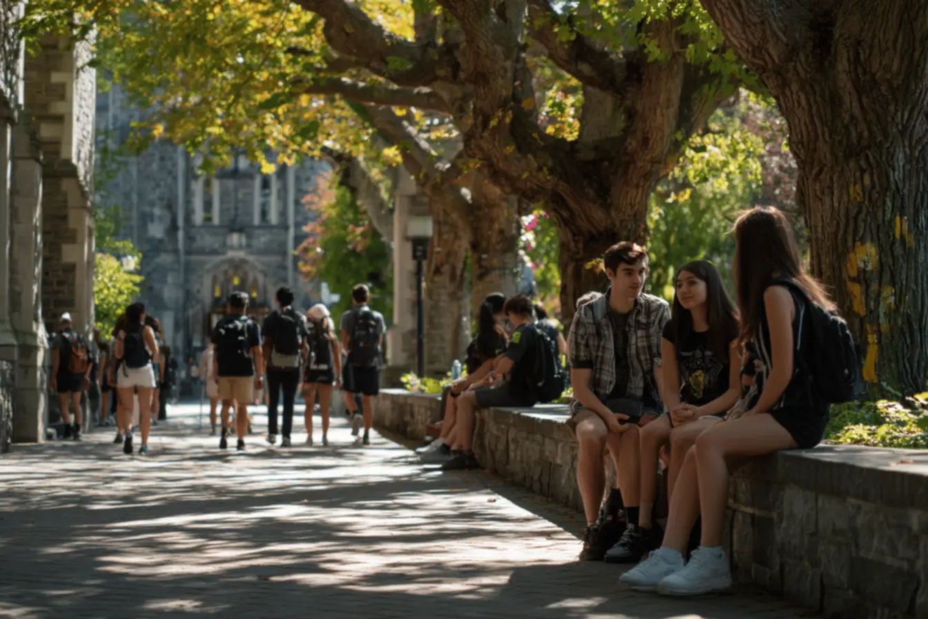 Livros religiosos e acadêmicos em uma faculdade católica, simbolizando a busca pela verdade e o impacto duradouro da educação.