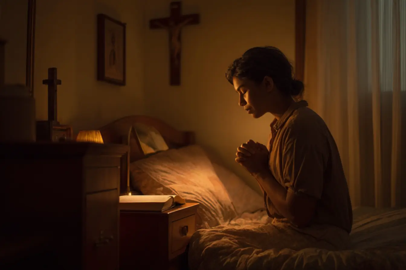 Mulher em oração da noite católica.