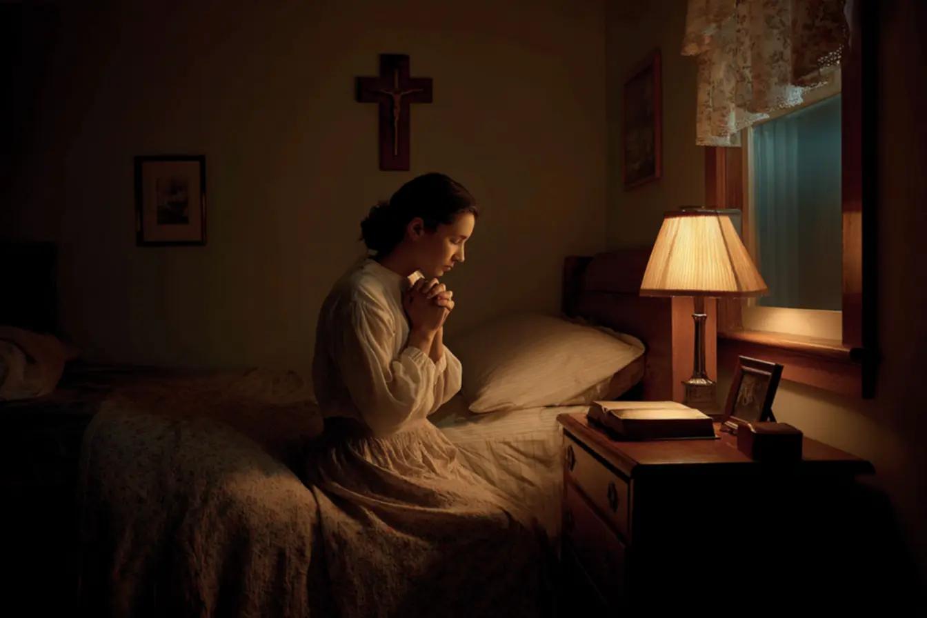 Família reunida em momento de oração da noite católica.