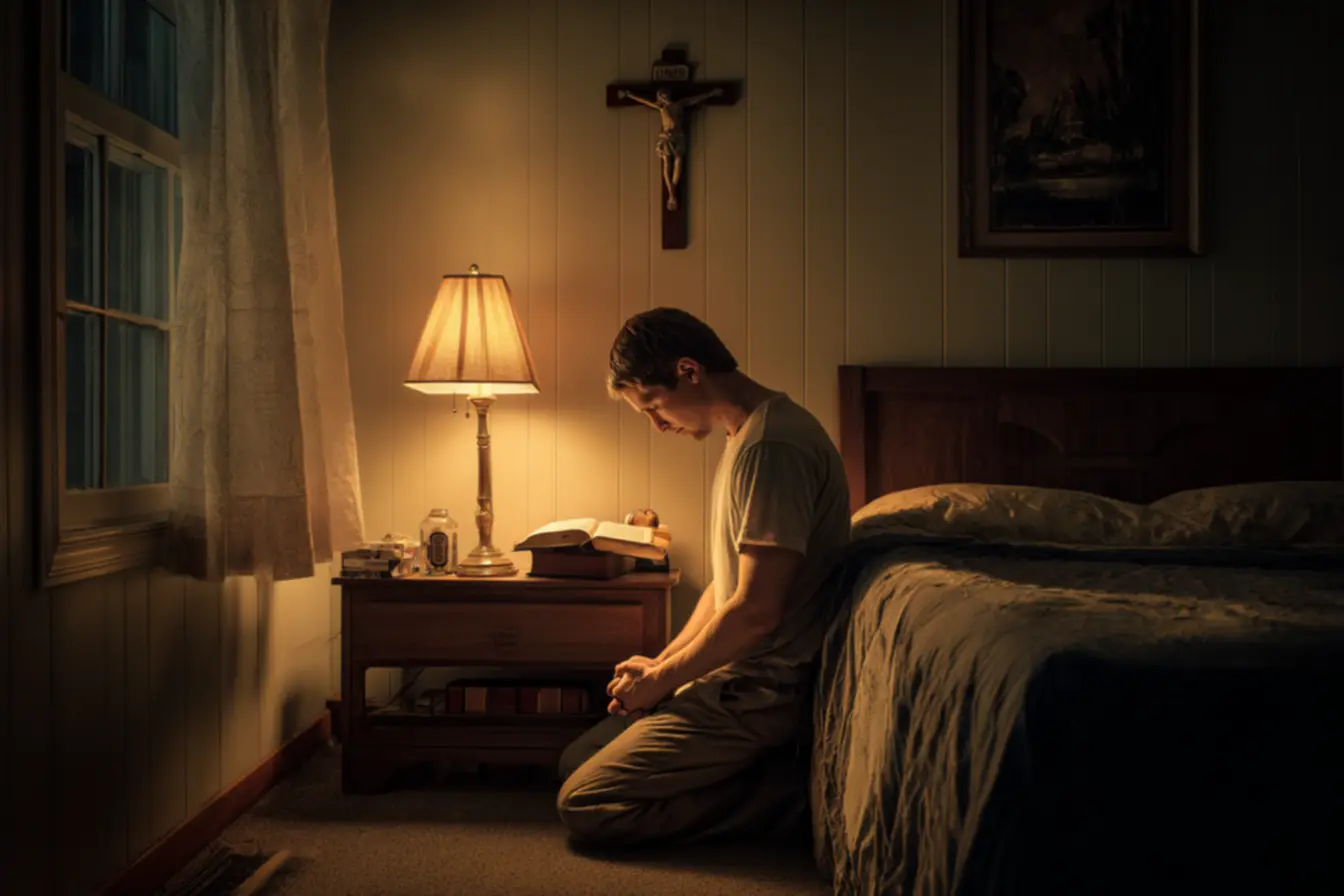 Luz divina durante a oração da noite católica.