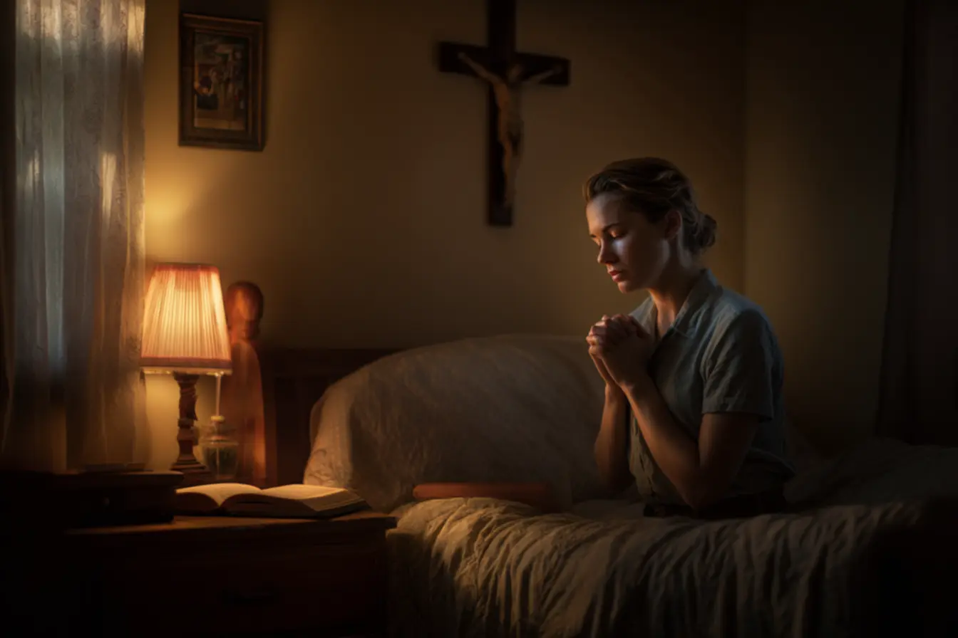 Mãos juntas em sinal de oração da noite católica.