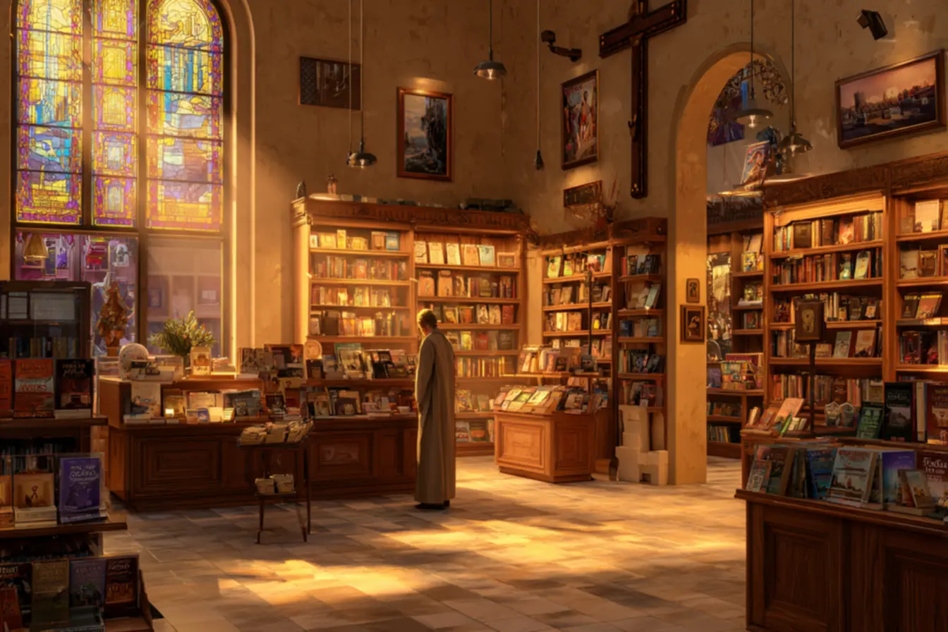 Variedade de livros disponíveis em uma livraria católica