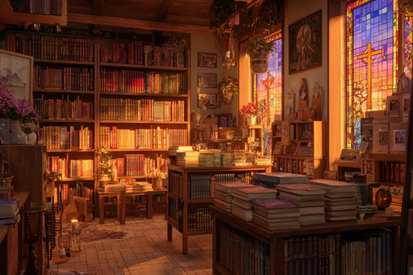 Diversos objetos de devoção em uma livraria católica