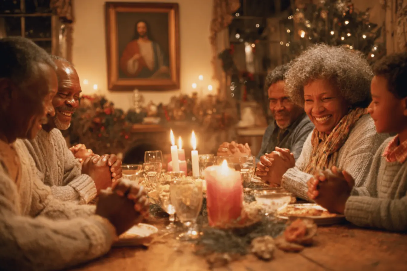 Família reunida para oração durante o Natal
